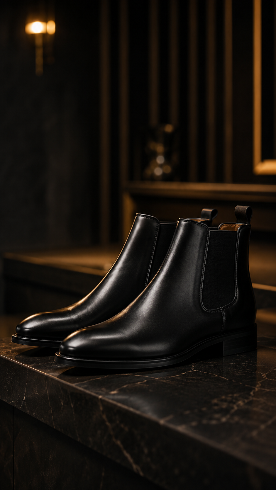 Man wearing premium black leather Chelsea boots